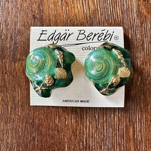 NWT Vintage Edgar Berebi Sea Green Gold Colored Enamel Clip-On Earrings